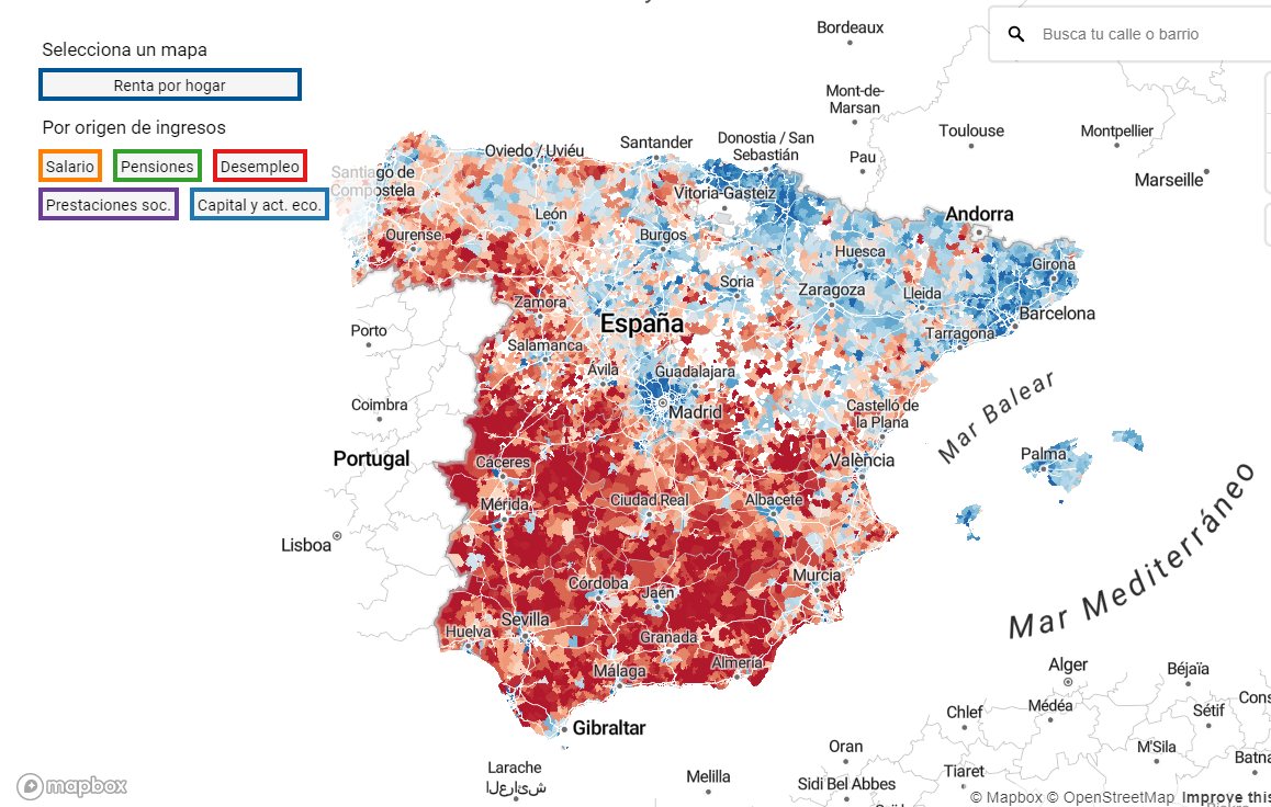 Los datos de renta por fuente de ingresos, calle a calle