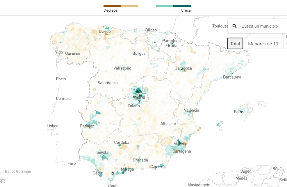Así ha cambiado la población en España desde 2009, por municipios y distritos